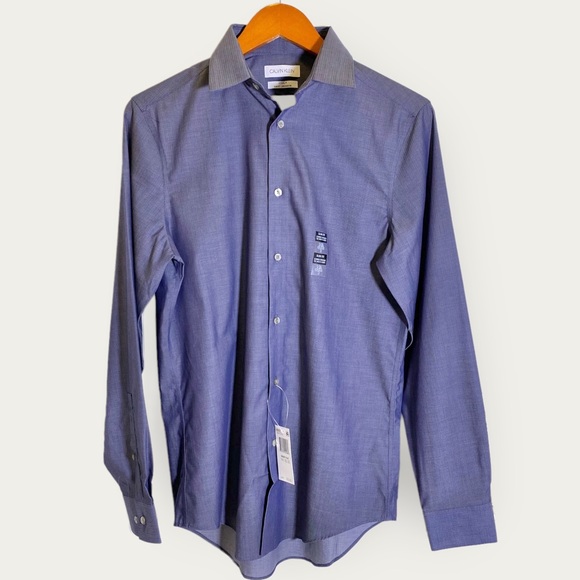Calvin Klein Men's Dress Shirt Long Sleeve Slim Fit Non-iron Herringbone - Picture 1 of 14